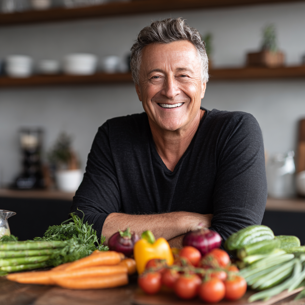 Мъж на 58 години със здравословна прическа, усмихнат, седнал на кухненската маса с красиво подредени здравословни храни