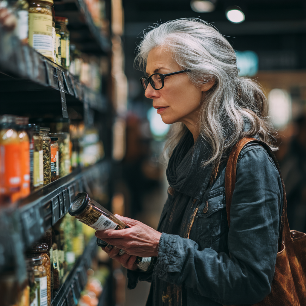Жена на 52 години със сиви коси и очила, внимателно чете етикетите на продуктите в супермаркет, избирайки здравословни храни