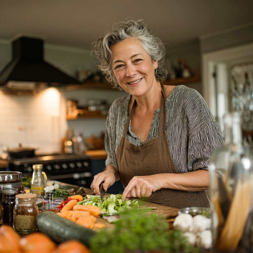 Усмихната жена на 55 години в кухнята си, подготвяща здравословна салата с различни зеленчуци и подправки